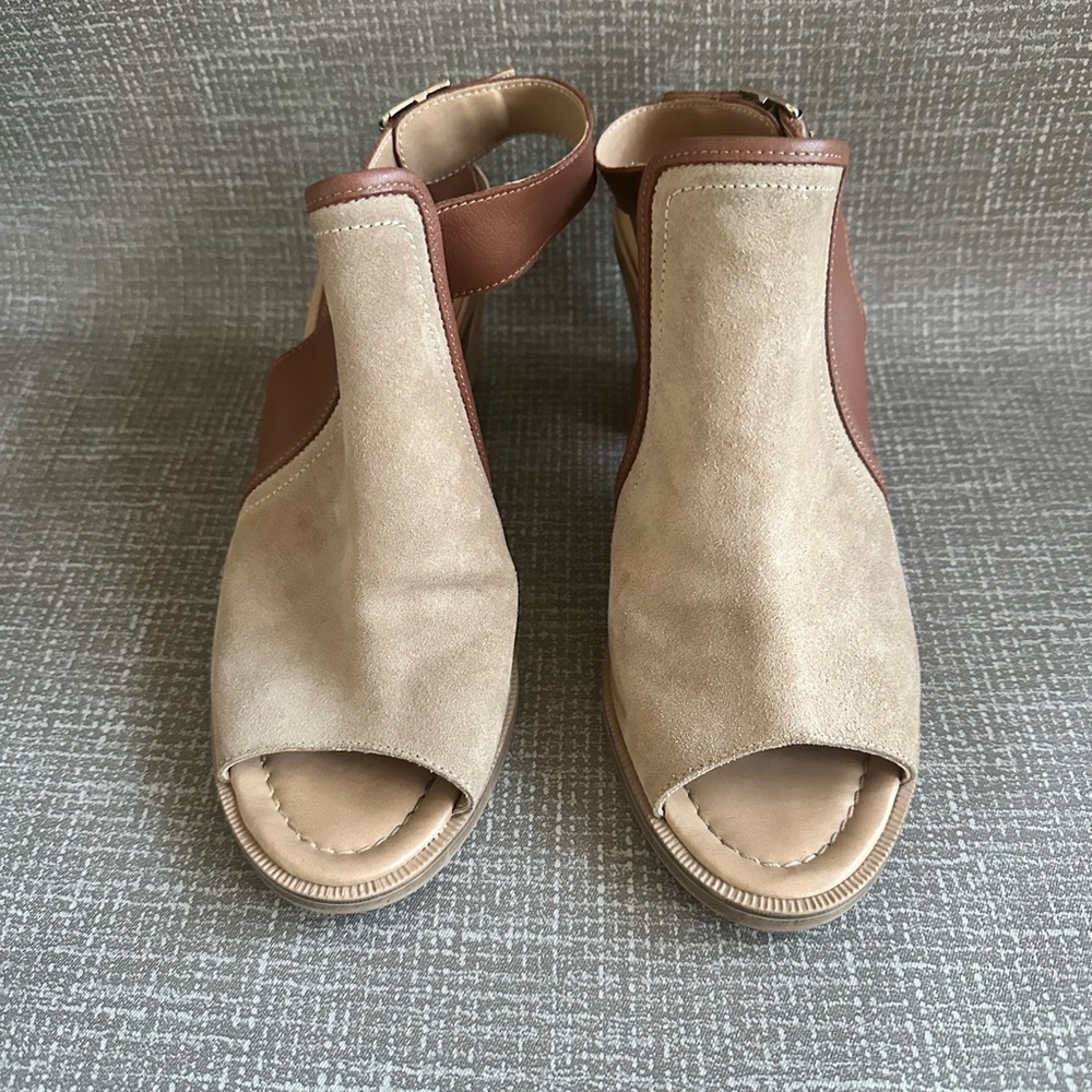 Coach And Four Tan Brown Suede & Leather Peep Toe Block Heel Slingback Size 10 - Picture 3 of 13